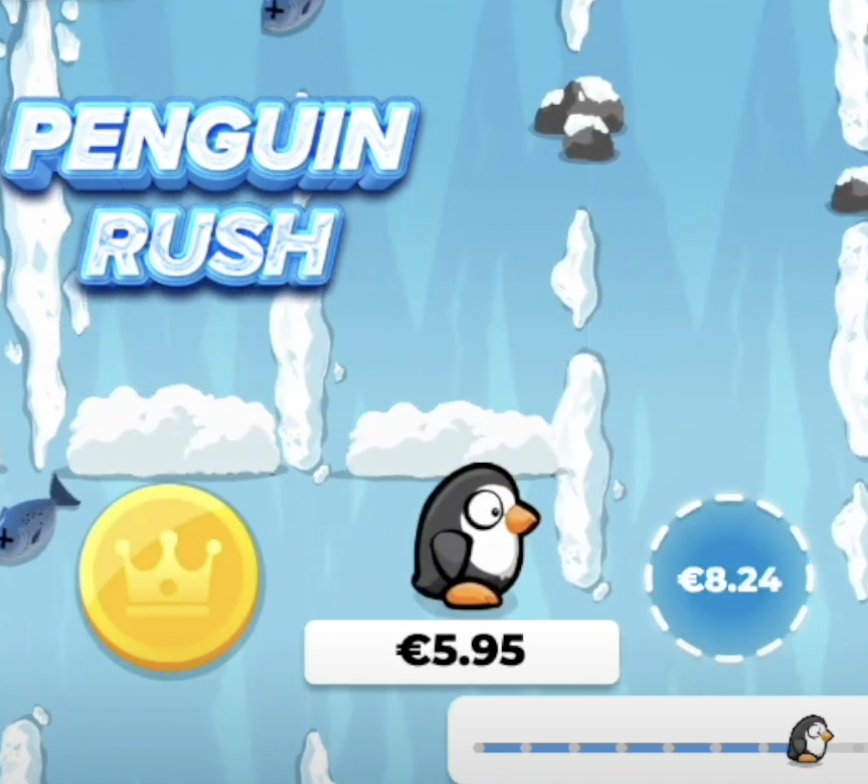 Penguin Rush game preview showing the arctic-themed crash game interface
