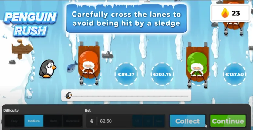 Penguin Rush betting interface showing bet placement and rush button controls