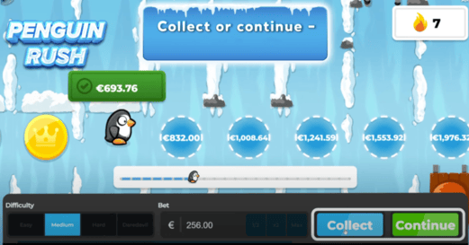 Penguin Rush multiplier display showing increasing values and risk indicators
